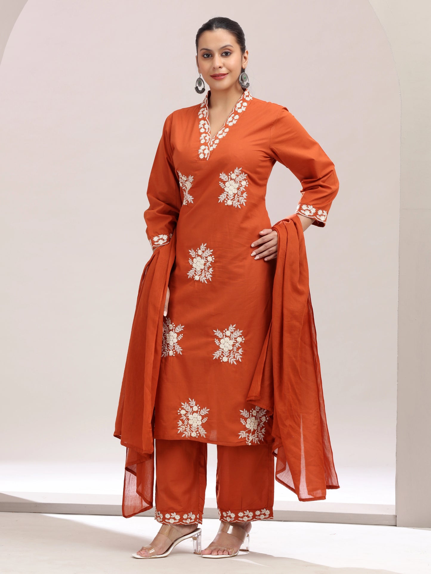 Rust Orange Embroidered Straight Ethnic Set