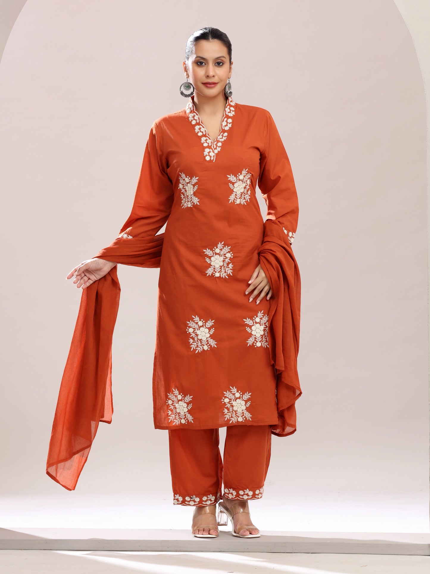 Rust Orange Embroidered Straight Ethnic Set