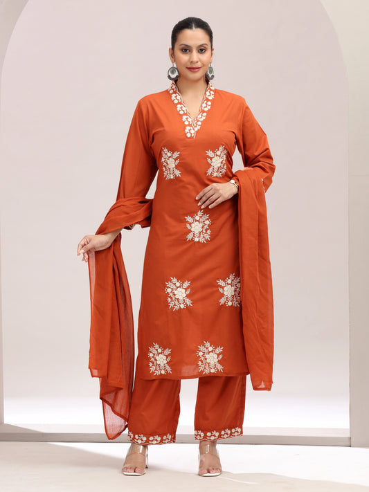 Rust Orange Embroidered Straight Ethnic Set