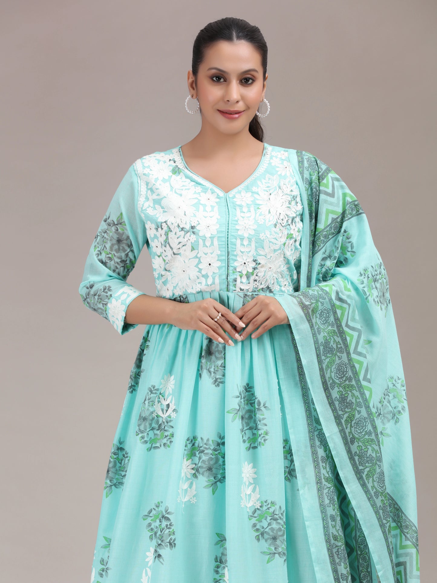 Sky Blue Chikankari Gathered Ethnic Set