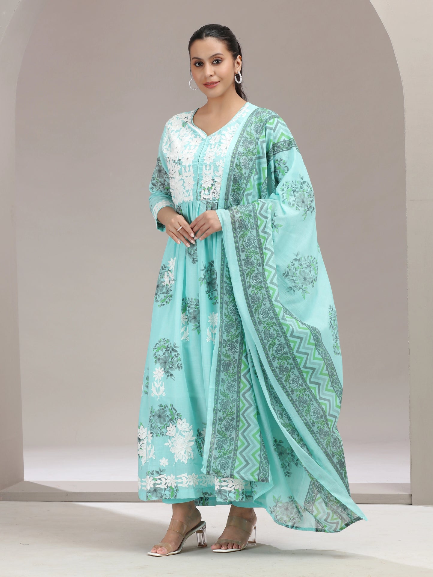 Sky Blue Chikankari Gathered Ethnic Set