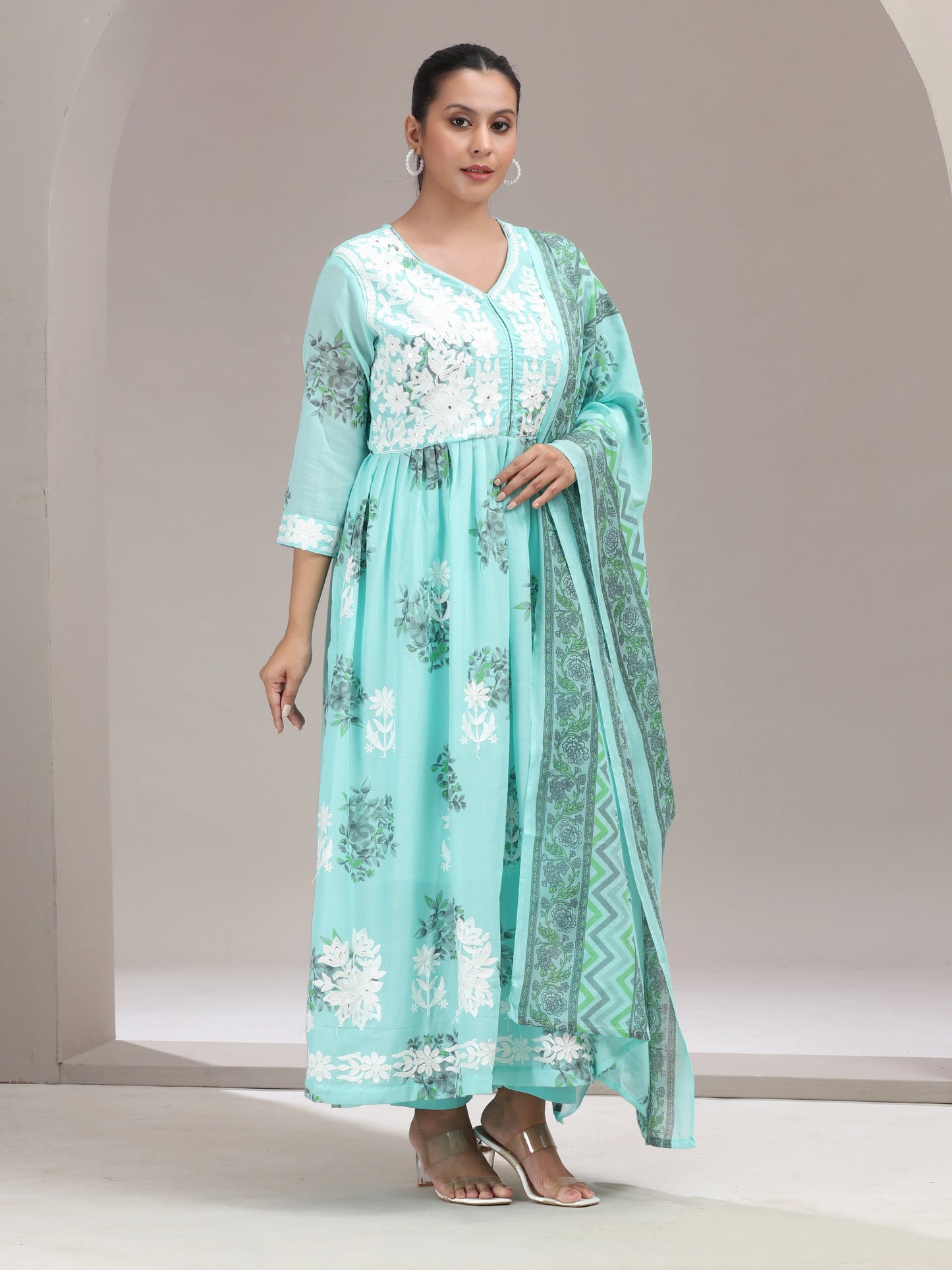 Sky Blue Chikankari Gathered Ethnic Set