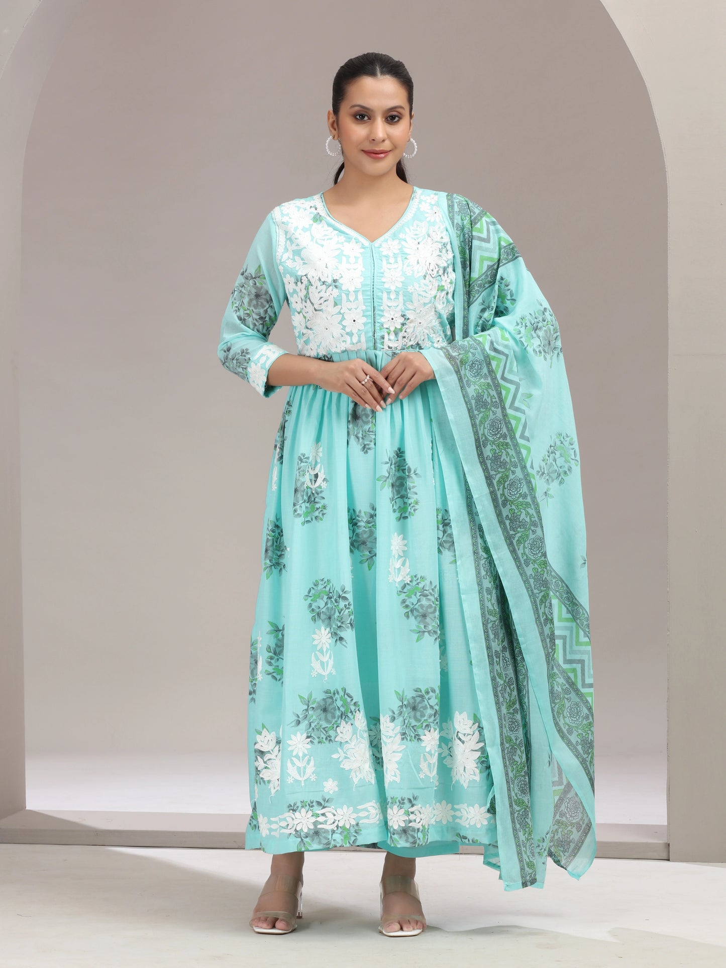 Sky Blue Chikankari Gathered Ethnic Set
