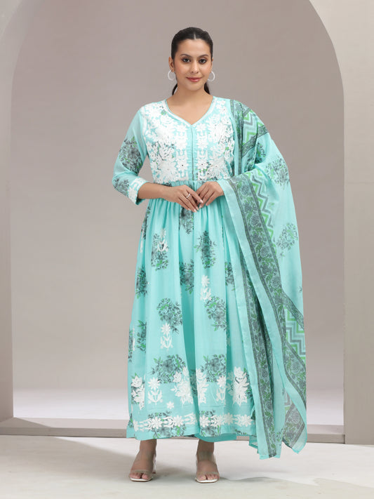 Sky Blue Chikankari Gathered Ethnic Set