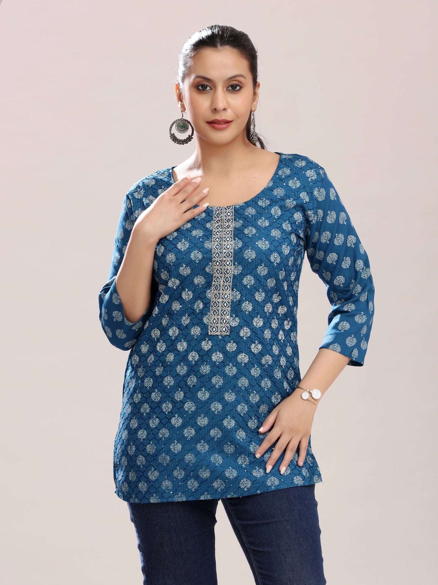 Teal Blue Embroidered Cotton Short Kurta