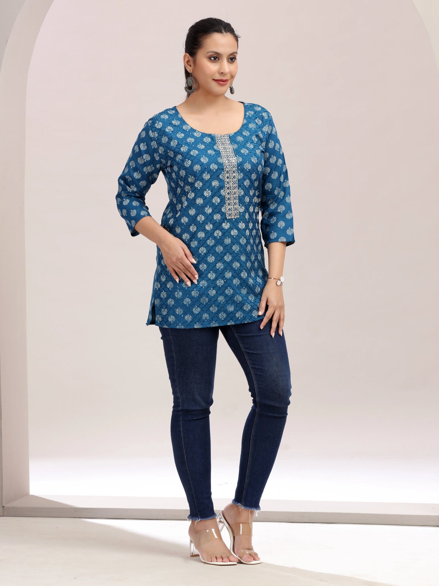 Teal Blue Embroidered Cotton Short Kurta
