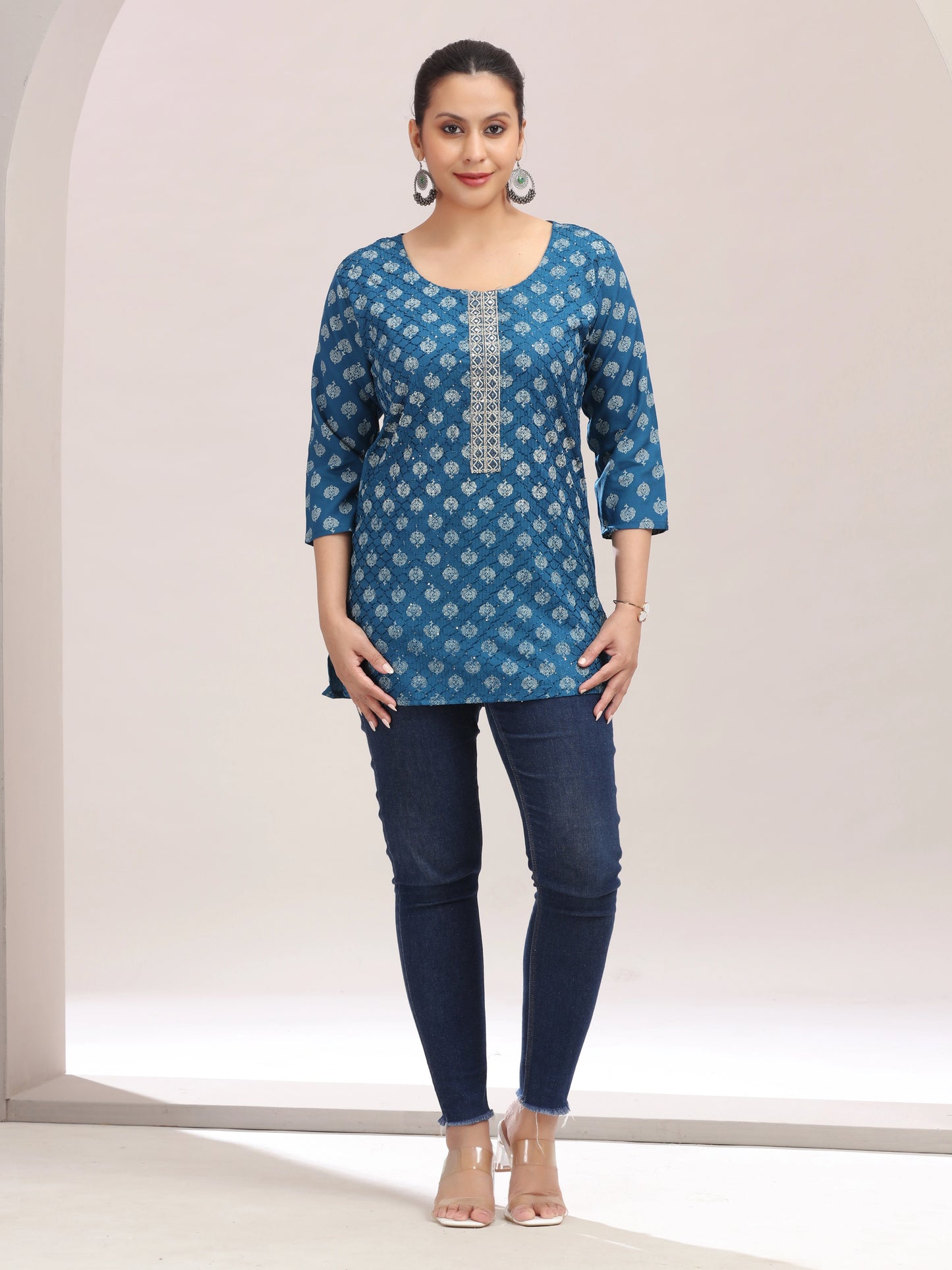 Teal Blue Embroidered Cotton Short Kurta