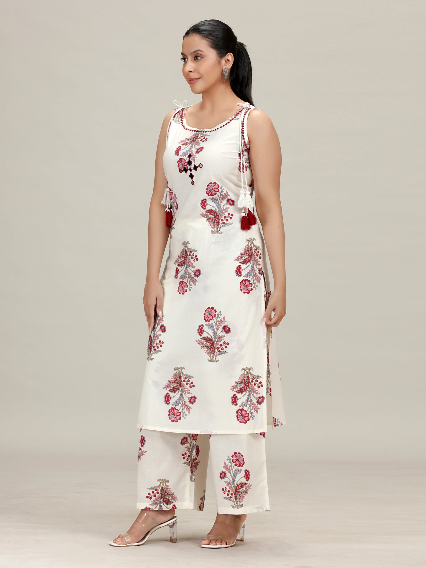 Off White Floral Embroidered A Line Co-Ord Set