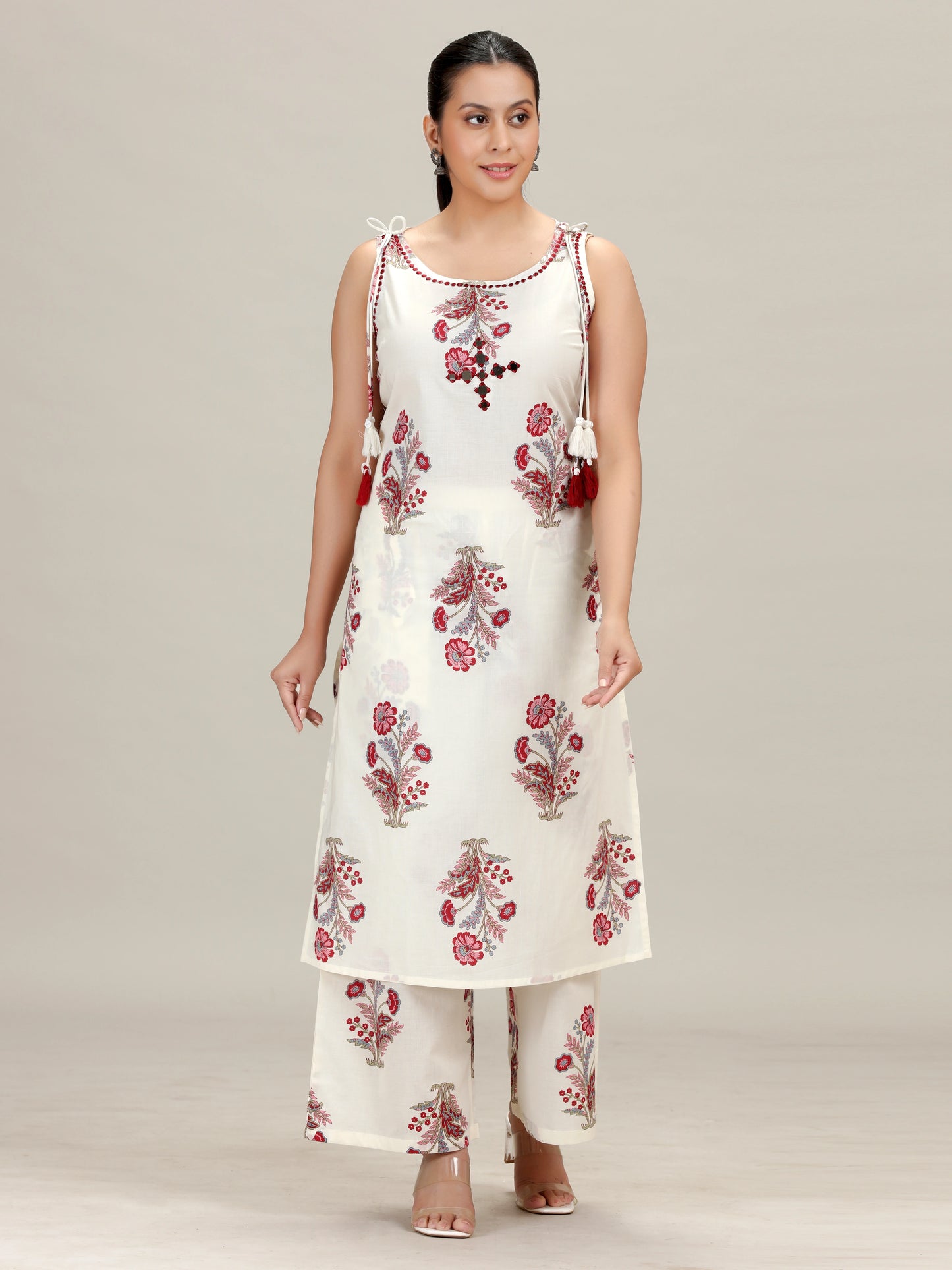 Off White Floral Embroidered A Line Co-Ord Set