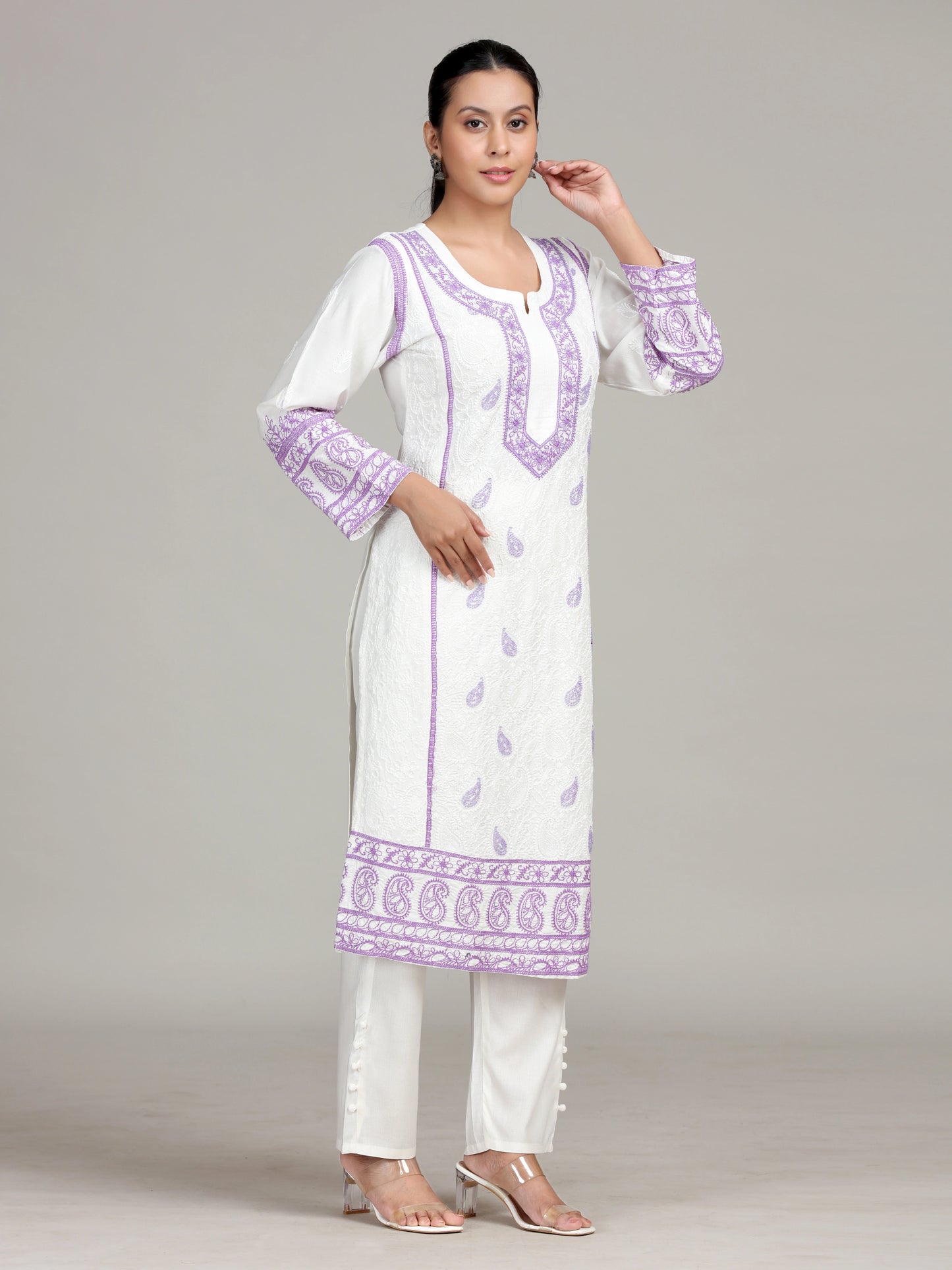 White Floral Embroidered Straight Co-Ord Set