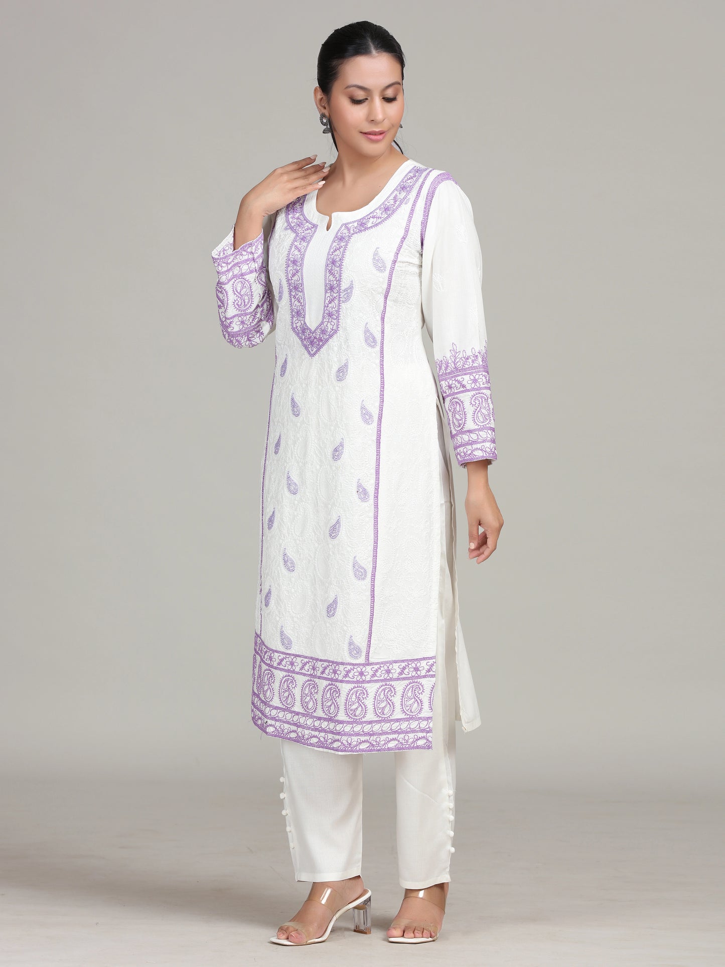 White Floral Embroidered Straight Co-Ord Set