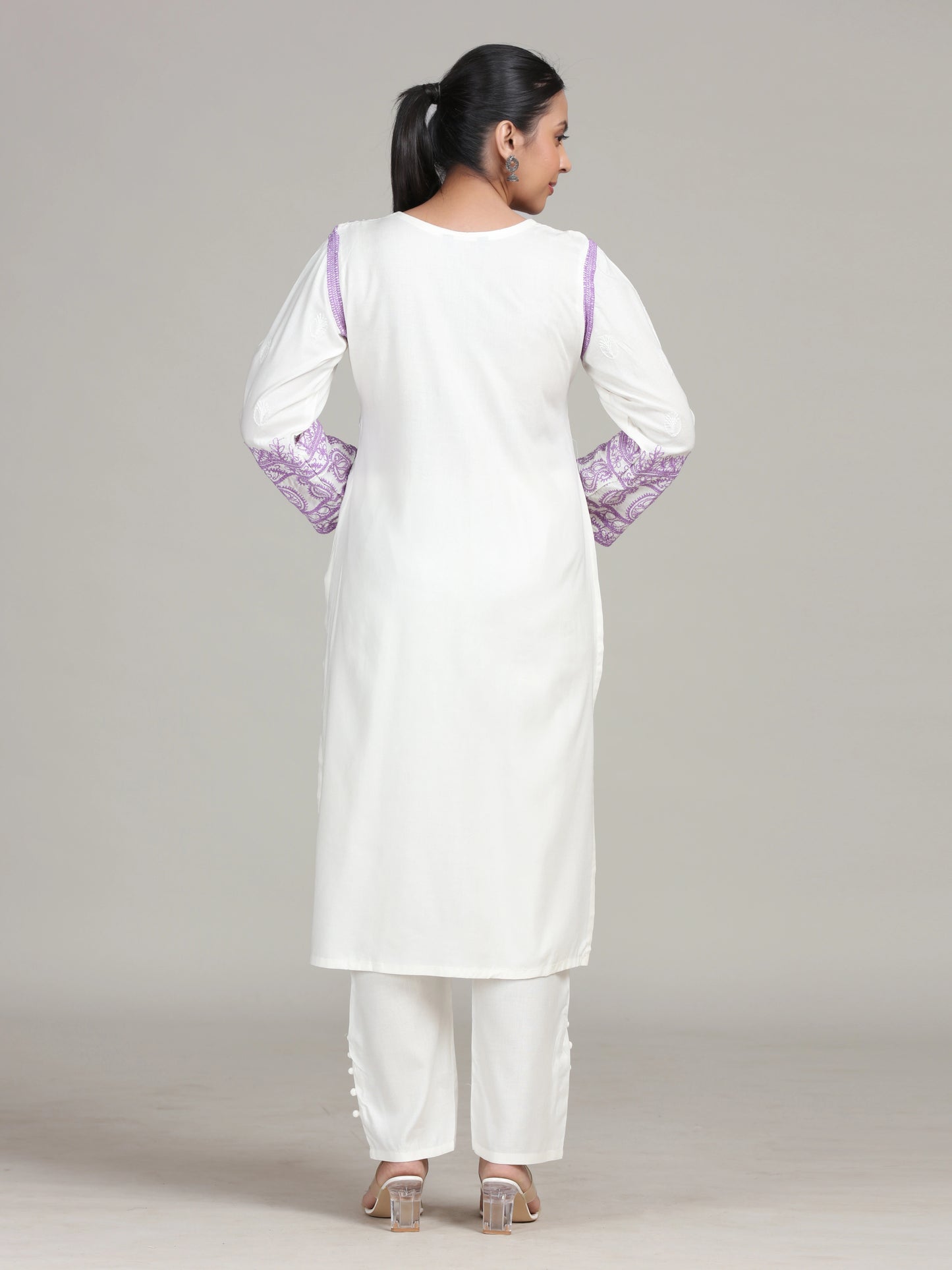 White Floral Embroidered Straight Co-Ord Set