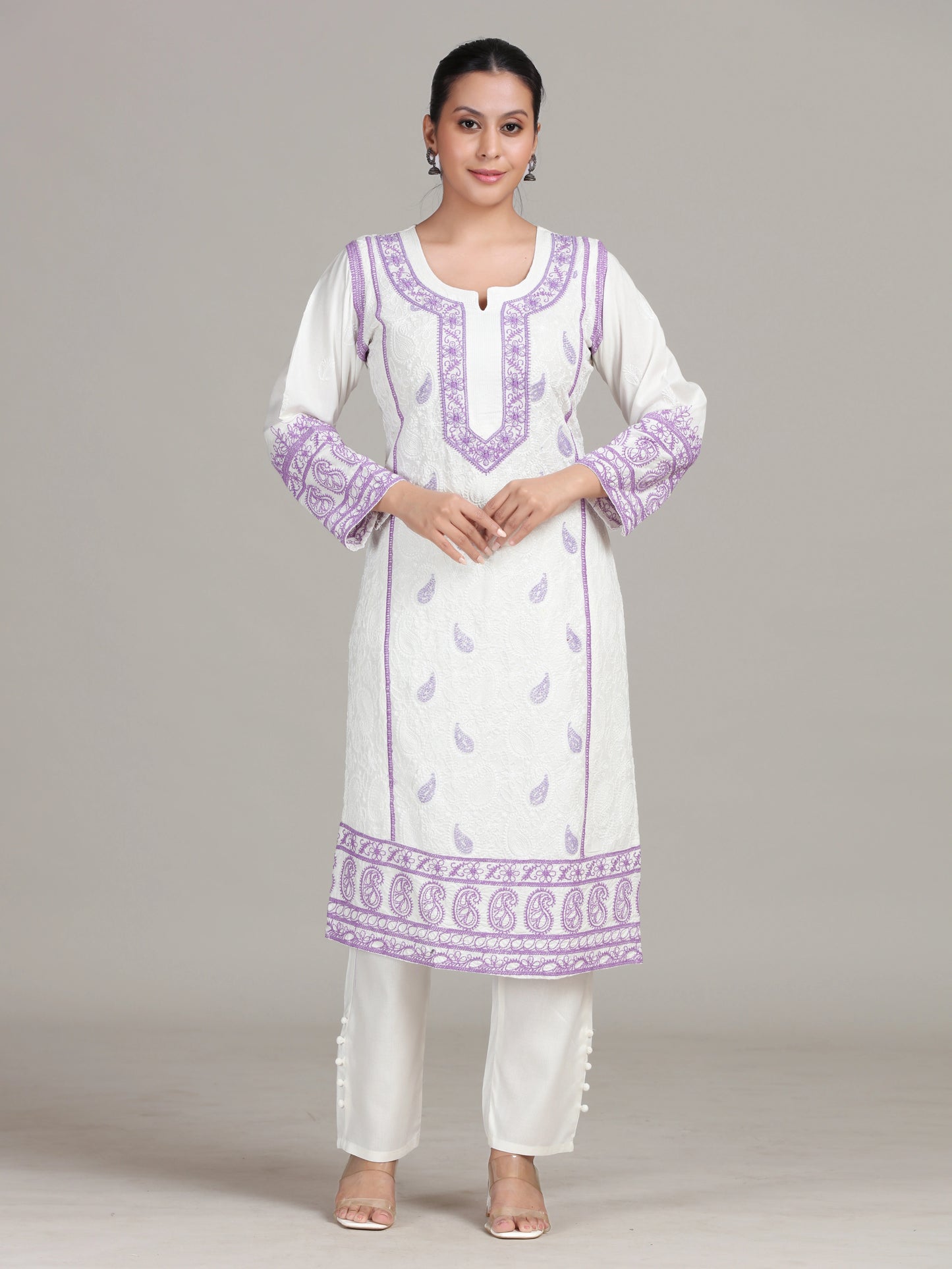 White Floral Embroidered Straight Co-Ord Set