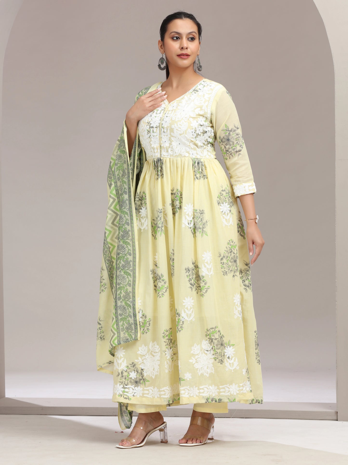 Yellow Embroidered Printed Flared Ethnic Set