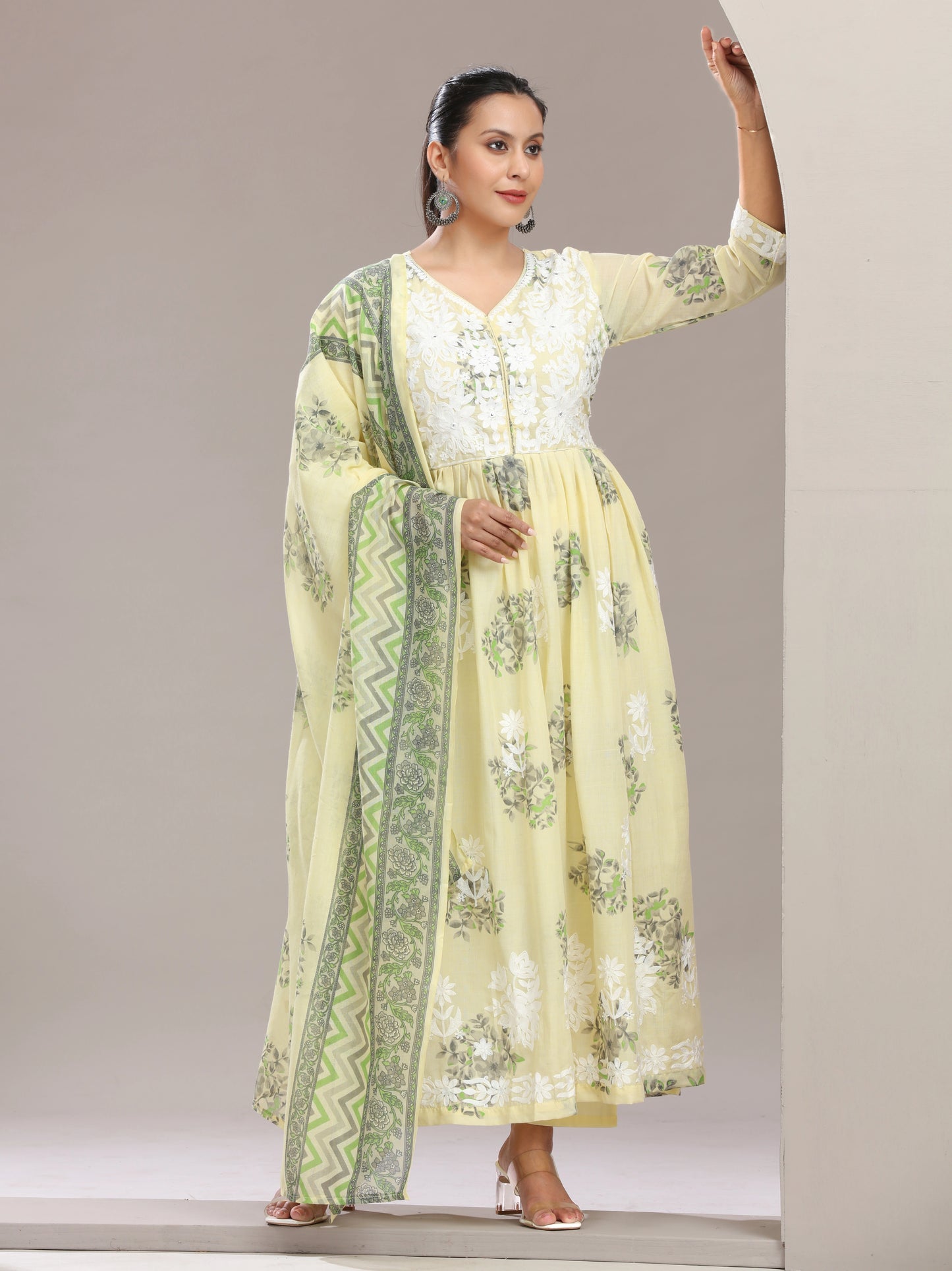 Yellow Embroidered Printed Flared Ethnic Set