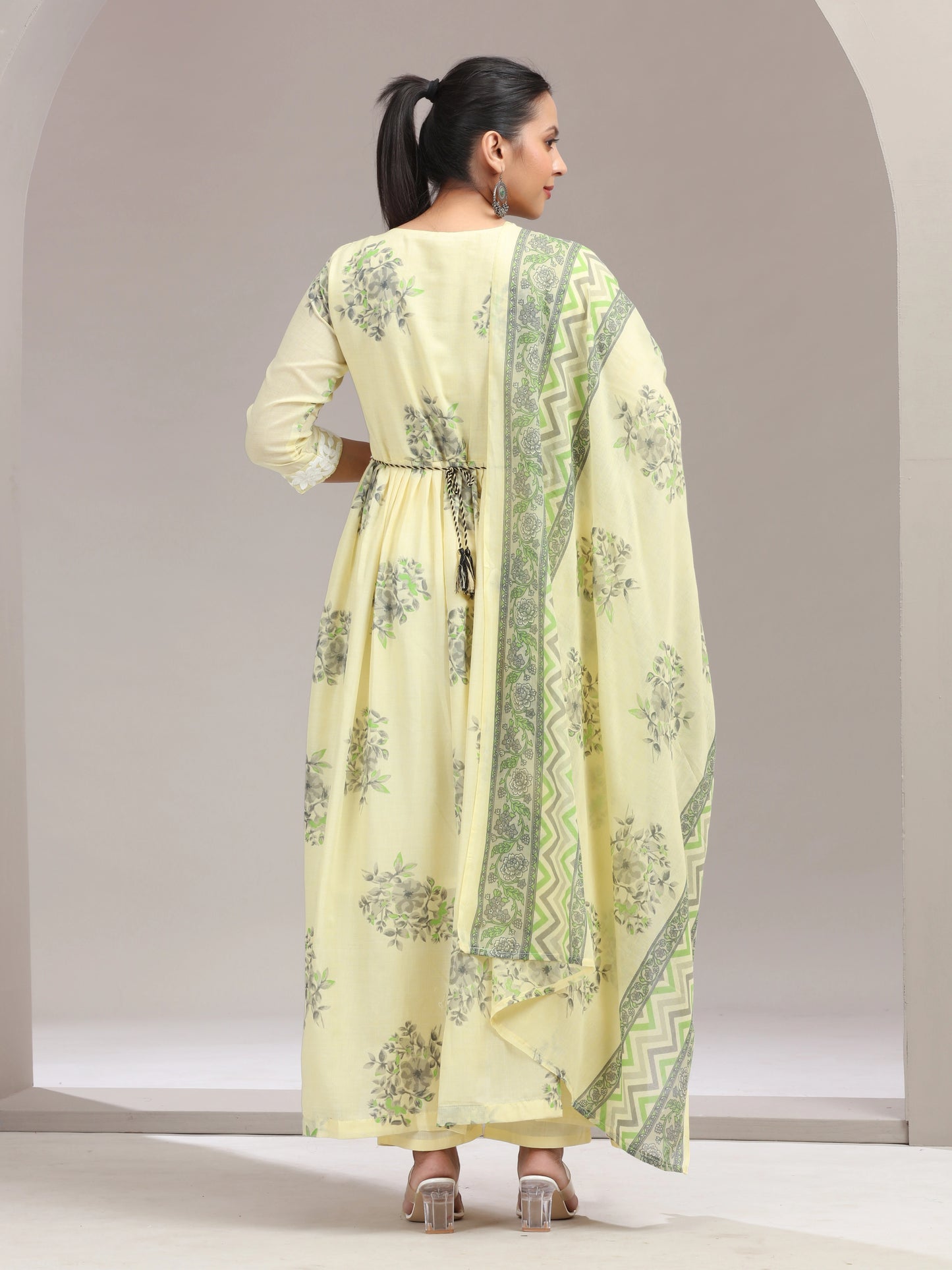 Yellow Embroidered Printed Flared Ethnic Set