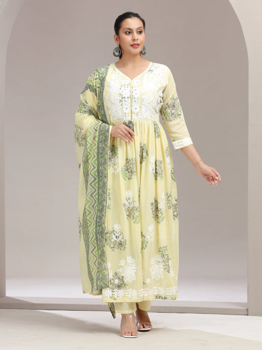 Yellow Embroidered Printed Flared Ethnic Set